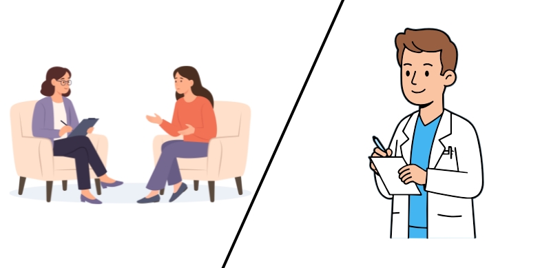 The image show illustration of psychiatrist and a therapist.